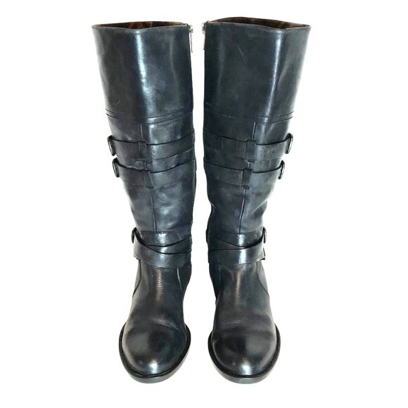 BORN Black Leather Tall Knee High Wide Calf Riding Boot Womens 7 Side Zip - Picture 2 of 10